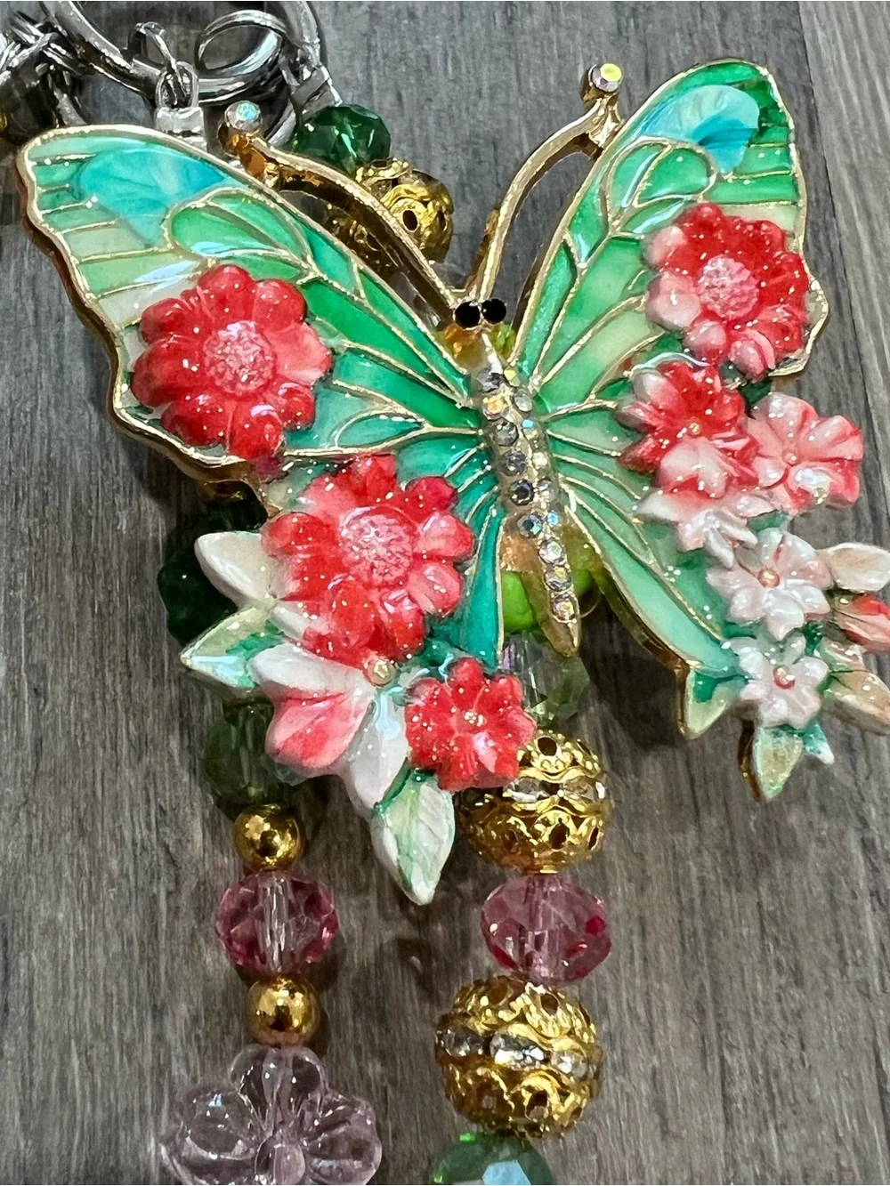 Handcrafted Butterfly Charm Beaded Bracelet - Green & Pink
